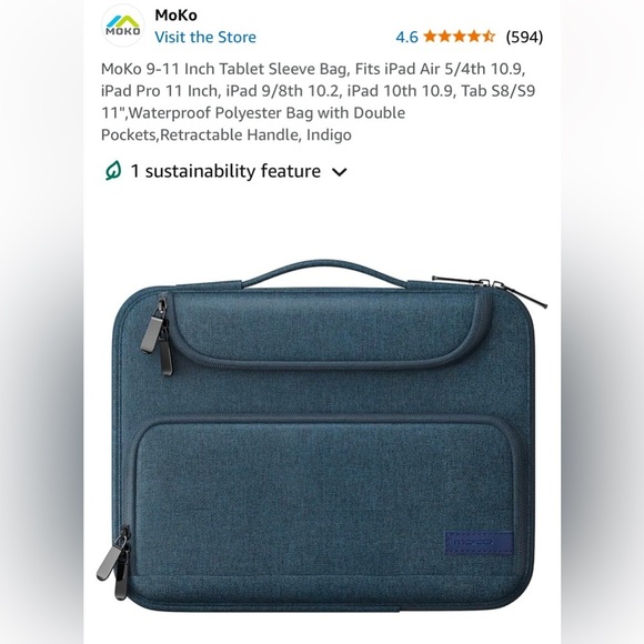 NWOT MoKo Blue Tablet Sleeve Bag, Fits 9”- 11” Devices, Waterproof Polyester - Picture 3 of 13